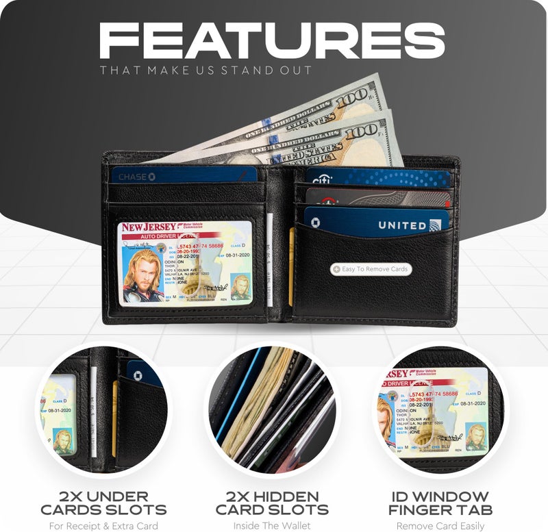 Claasico Menâ€™s Bifold Wallet for Men â€“ Genuine Leather RFID Wallet, Slim Billfold Cardholder w/ID Window â€“ Gift Box Included - Image 5